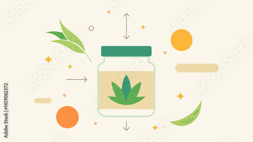 Ingredient Fusion A diagram showing a skincare product jar with natural ingredients like aloe and oils combined with exosome shapes swirling around.