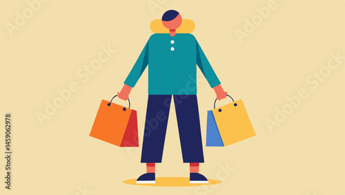 Scene of Struggle An illustration of a person with large exaggerated shopping bags hanging off each arm their feet ly visible as they tiptoe forward. The bags are overflowing with