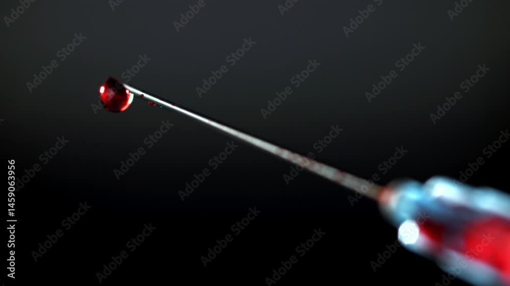 A drop of blood from a syringe. Filmed on a high-speed camera at 1000 fps. High quality FullHD footage A drop of blood from a syringe. Filmed on a high-speed camera at 1000 fps. High quality FullHD footage