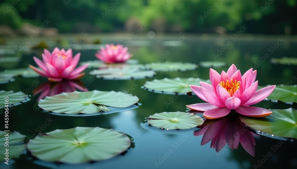 Water lilies form a floral pattern across a still lake surface , nature, green, water lily Water lilies form a floral pattern across a still lake surface , nature, green, water lily