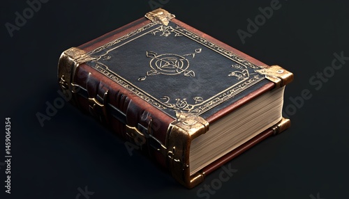 Ornate antique book with rich leather cover and gold accents.