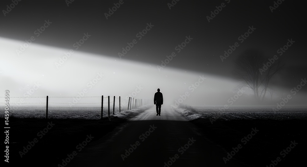 Fototapeta premium Solitary Figure Walks Down Foggy Road in Black and White Landscape