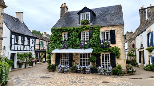 Fototapeta Naklejka Na Ścianę i Meble -  Charming Ivy Covered Stone House in a Picturesque European Village Square