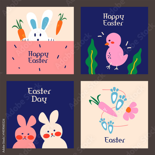 Happy easter day greeting card set. Hand drawn flat cartoon with cute bunny, flowers, chick, carrot, typography on colorful background. Vector illustration for vertical poster, banner, social media.