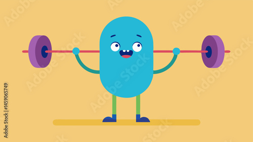 Playful Stance A tiny figure with exaggerated features stands confidently on tiptoes gripping a colossal barbell that stretches far beyond the characters height. The characters
