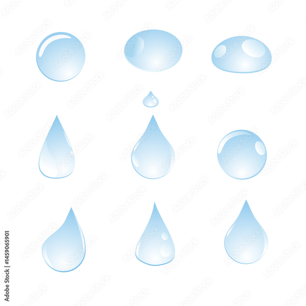 Elements for design. Various Shapes of water drops. Blue water drops. Vector illustration