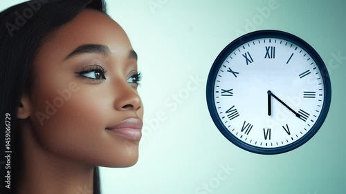 black business woman looking at clock, contemplating time
