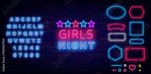 Girls night neon invitation. Night club party greeting card. Free enter for ladies. Glowing blue alphabet. Vector illustration