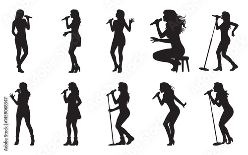 Collection of woman singer silhouettes in dynamic poses, performing with microphone, black vector set  