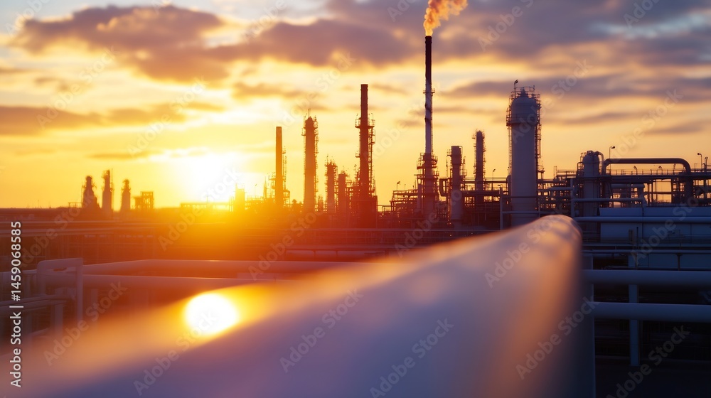 Fototapeta premium Silhouetted refinery at sunset, industrial landscape with tall towers and pipelines, vibrant orange and purple sky, sun reflecting on metal, energy production. : Generative AI