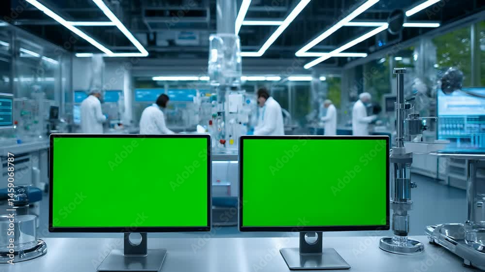 The video shows two empty green computer monitors in a modern laboratory setting, with scientists working in the background.