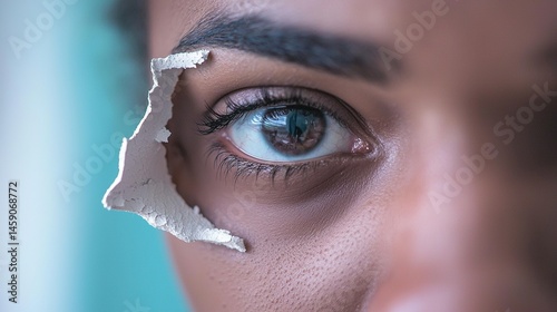 Close-up view of a person's eye with a torn piece of skin.
