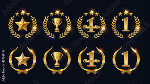 Gold Award Badges and Champion Emblems Set – No.1 Trophy, Star, Laurel Wreath, and Winner Medals Vector Collection