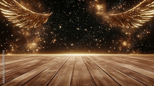 Podium stage motivation. Golden angel wings hover over a wooden floor with a star-filled night sky in the background, creating a magical and celestial atmosphere.