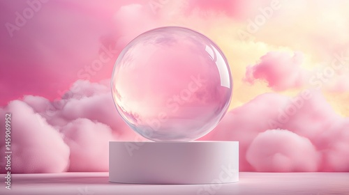Podium stage motivation. A crystal ball on a white pedestal with dreamy pink clouds in the background, creating a surreal and ethereal atmosphere.