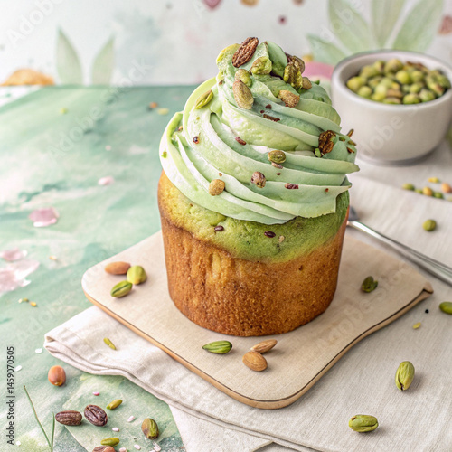  Appetizing pistachio cupcake with a creamy frosting swirl, sprinkled with pistachio and almond nuts. For illustrations of desserts, baking, sweets, cooking, holidays.