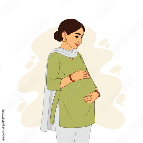 An Indian Pregnant Woman - Expecting Mother Illustration. Indian Pregnant Woman in Traditional Saree. Concept of Pregnancy.
