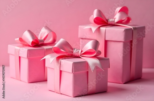 Gift boxes with ribbon and bows on a pink background. The concept of delivering gifts and special offers for the holidays.