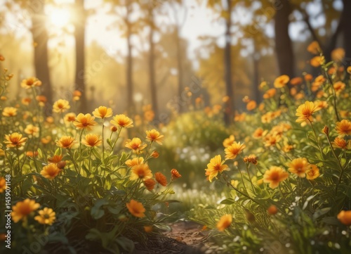 Vibrant yellow & orange blooms, blurred sunny bokeh  , illustration, background, creative