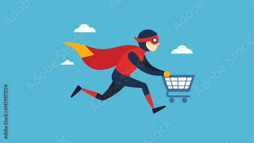 Shopping Sprinter A swift superhero with sneakers and a shopping cart emblem on their chest racing through the sky encouraging shoppers to hurry for the timelimited deals.
