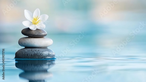 Serene Stacked Stones with Delicate White Flower Floating on Calm Blue Water, Spa Relaxation Concept : Generative AI