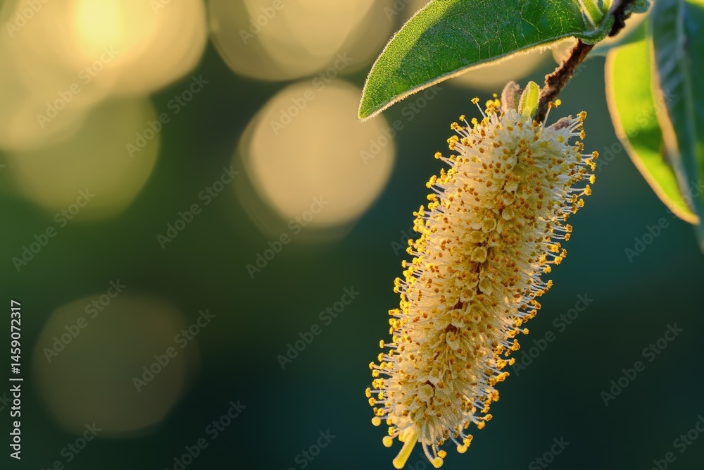 Naklejka premium A close-up of a blooming yellow catkin hanging from a willow tree branch in sunlight.
