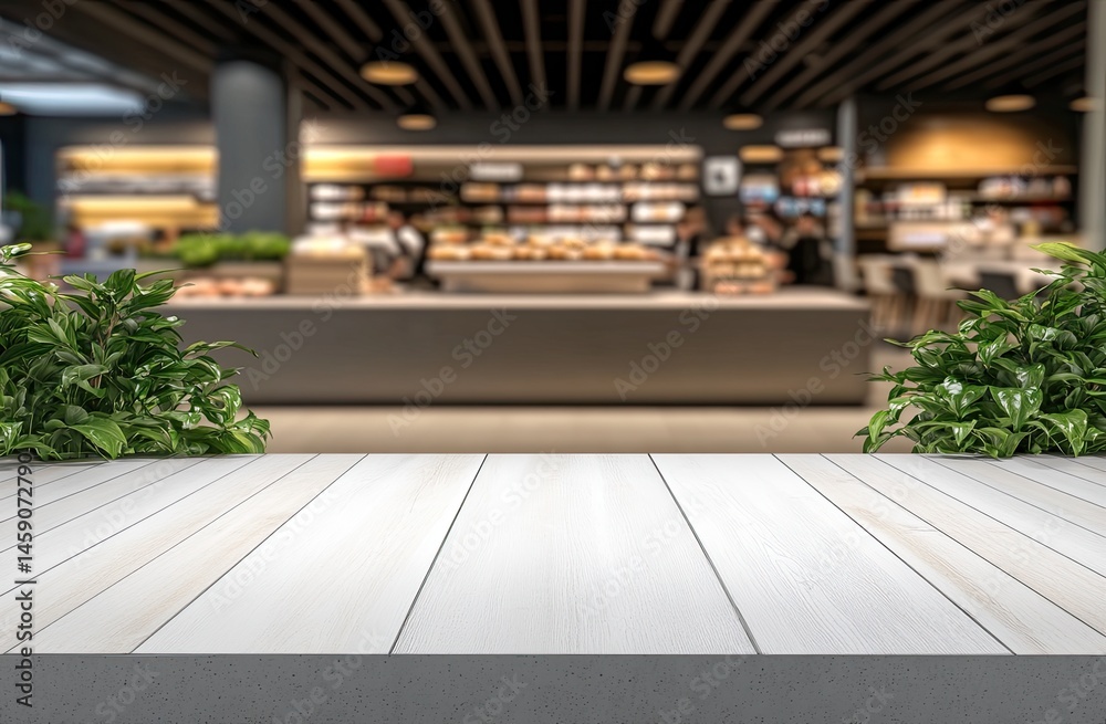 Fototapeta premium Empty light wooden tabletop in front of a blurred food market interior. Fresh greenery on either side