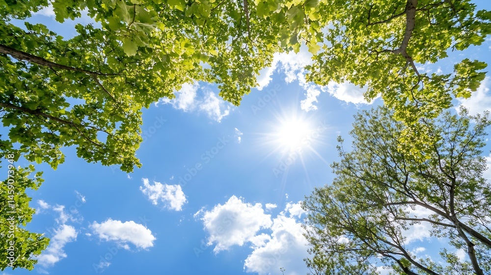 Fototapeta premium Looking up at a bright sun shining through lush green tree branches and fluffy white clouds in a vibrant blue sky, creating a serene and peaceful nature scene. : Generative AI