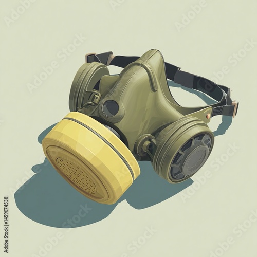 A detailed illustration of a green and yellow gas mask resting on a light background, symbolizing safety photo