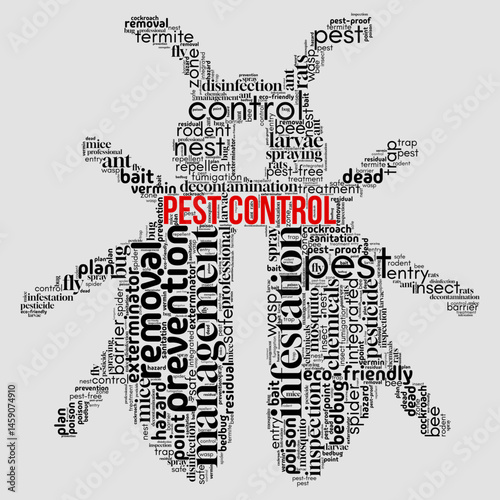 Word cloud centered on "Pest Control", featuring terms related to prevention, extermination, insects, and safety. Perfect for hygiene, home protection, and pest management visuals