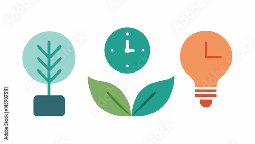 Icons of AntiAging Simple vector icons such as a clock a leaf for natural and a light bulb for innovation illustrating the antiaging benefits of exosomes.