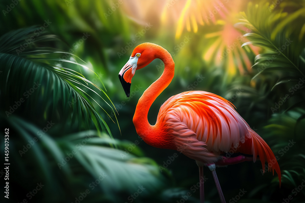Fototapeta premium Tropical Flamingo in Lush Greenery, Sunlit Jungle Scene