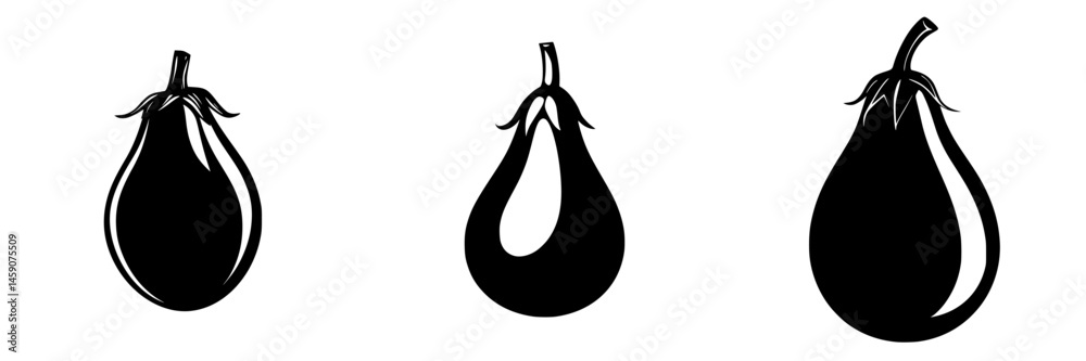 Various flat black eggplant icons depicted in three distinct shapes on a simple background Various flat black eggplant icons depicted in three distinct shapes on a simple background