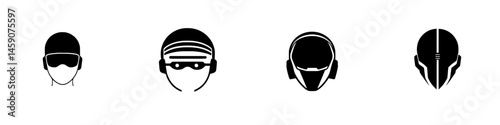 Flat black icon set featuring various headgear designs for modern technology and sports enthusiasts