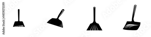 Collection of flat black icons representing various types of cleaning tools for household and professional use