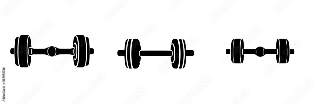 Flat black icons of weights showcasing different styles of dumbbells for fitness and workout design purposes Flat black icons of weights showcasing different styles of dumbbells for fitness and workout design purposes