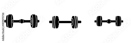 Flat black icons of weights showcasing different styles of dumbbells for fitness and workout design purposes