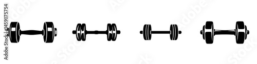 Set of flat black icons depicting various dumbbells for fitness and weightlifting enthusiasts showcasing their diverse designs and styles