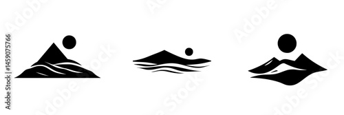 Minimalistic flat black icons representing mountain landscapes and sun, suitable for branding or design usage
