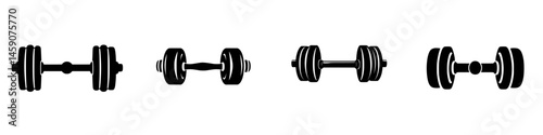 Various flat black icons of dumbbells representing strength training equipment for fitness enthusiasts