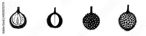 Flat black icon series depicting different views of a durian fruit showcasing its unique structure and texture