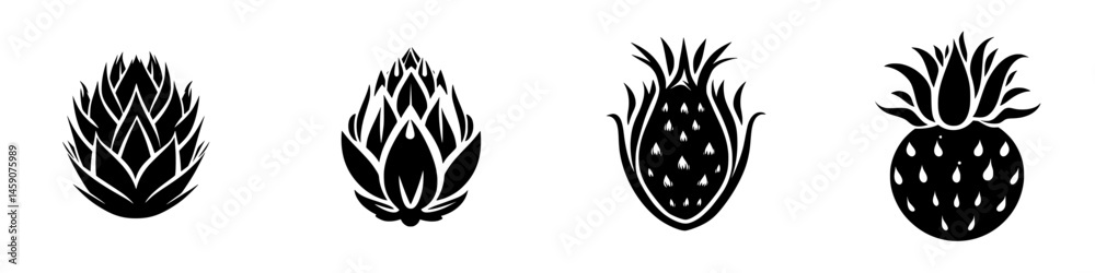 Collection of flat black pineapple icons showcasing various artistic styles and designs for creative projects Collection of flat black pineapple icons showcasing various artistic styles and designs for creative projects