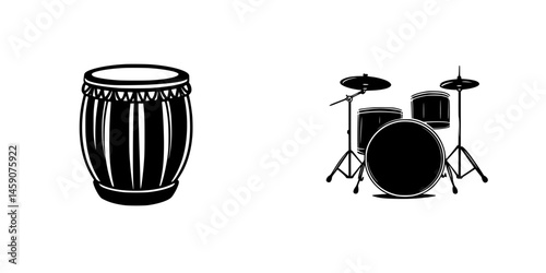 Black icon representing a drum and a drum set with minimalistic design for music themes