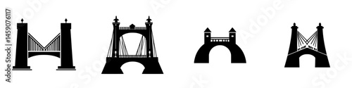 Various flat black icons of distinctive bridge designs showcasing different architectural styles and structures