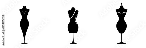 Stylized flat black dress forms representing various fashion designs and styles in a minimalist style suitable for fashion industry graphics