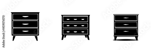 Flat black icons of various styles of dressers showcasing modern furniture design concepts and aesthetics