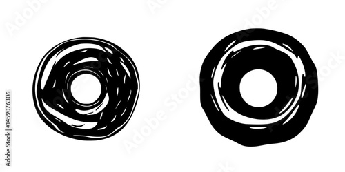 Black flat icons representing a round donut shape and an outer ring with a hollow center illustrating dessert themes