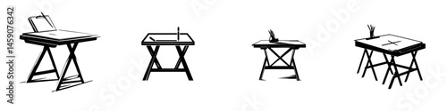 Collection of flat black icons depicting various types of drawing tables and sketching surfaces suitable for artists and designers
