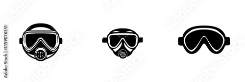 Diverse flat black icons of protective masks suitable for various activities and environments including sports and hazardous work