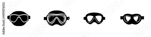 Diverse flat black icons representing various styles of diving masks used in underwater activities